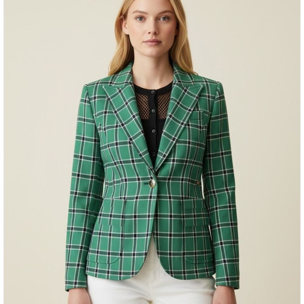 Smythe Patch Pocket Duchess Blazer Kelly Green Plaid Gold Dragon Buttons Size 8